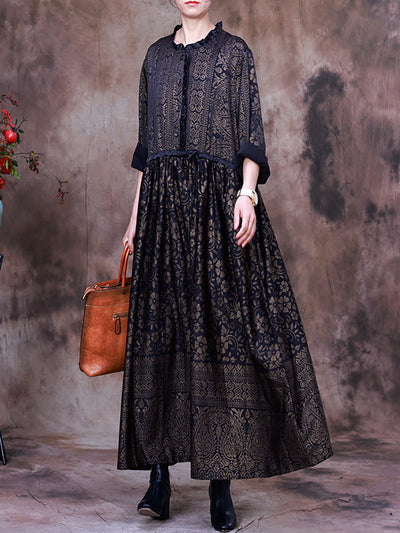 Women Print  Lacing Long Sleeves Dress